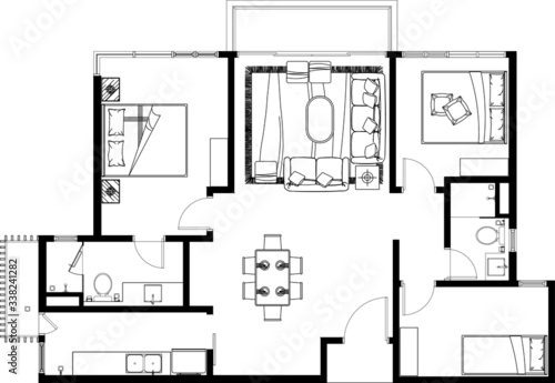 2D CAD layout plan drawing of a house with a three bedroom complete with two bathrooms, kitchen and living room. Drawing produced in black and white. 
