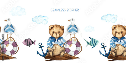 Little Sailor. Watercolor hand painted seamless border with cute Teddy Bears  boat  sailboat  steering wheel  anchor  Seagull  binoculars  fishes  captain s cap  waves  spray