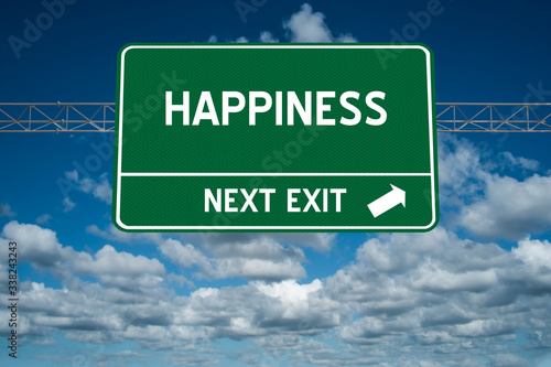 Happiness sign on blue sky background.