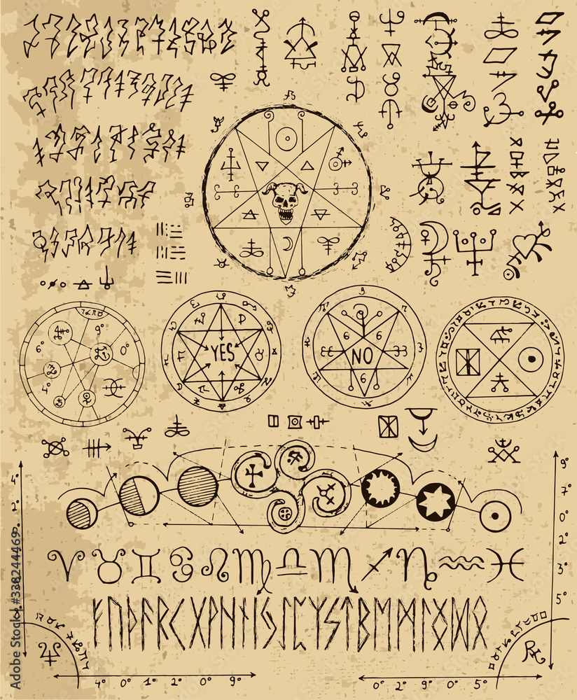 Vector Design Set With Magic Letters Pentacle Runes Zodiac Seals