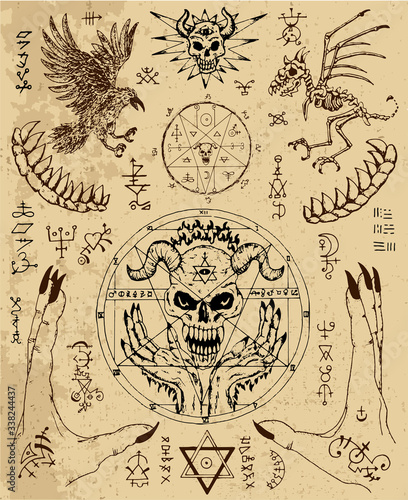 Vector design set with magic seals, demon face, hands, crow and skeleton. Esoteric and occult illustration with mystic and gothic symbols. No foreign language, all elements are fantasy.