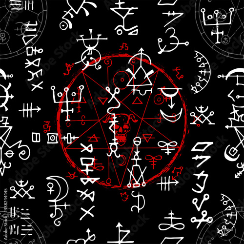 Seamless pattern with red magic seal and alchemy signs on black background. Esoteric and occult illustration with mystic and gothic symbols. No foreign language, all elements are fantasy.