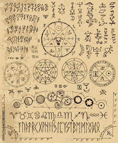 Vector design set with magic letters, pentacle, runes, zodiac, seals. Esoteric and occult illustration with mystic and gothic symbols. No foreign language, all elements are fantasy.