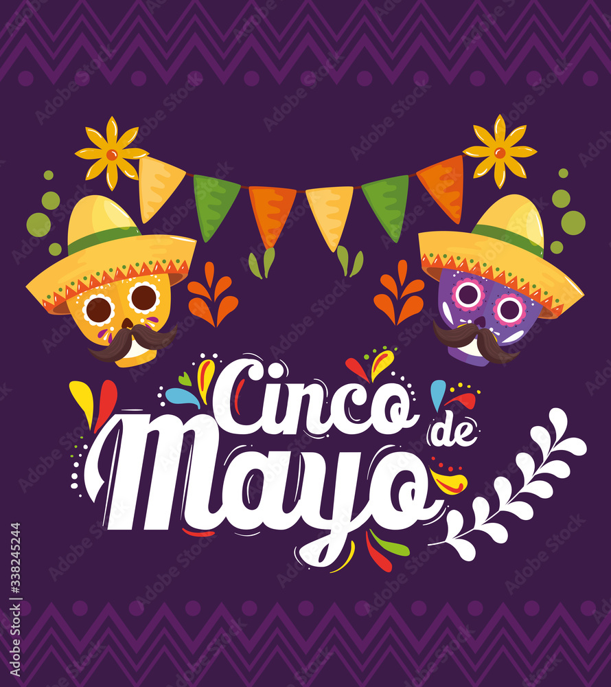 Mexican skulls with hats design, Cinco de mayo mexico culture tourism landmark latin and party theme Vector illustration