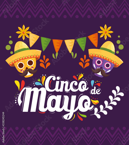 Mexican skulls with hats design  Cinco de mayo mexico culture tourism landmark latin and party theme Vector illustration