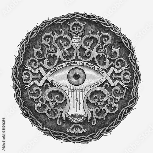 Atonement. Engraving vector illustration. Black and white.