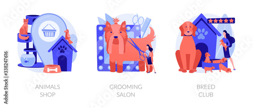 Luxury domestic animals toys and care products store. Professional groomer services. Animals shop, grooming salon, breed club metaphors. Vector isolated concept metaphor illustrations