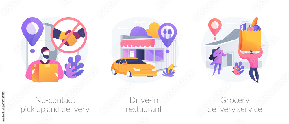 Safe way to get food and essentials abstract concept vector illustration set. No-contact pick up and delivery, drive-in restaurant, grocery delivery service in covid-2019 quarantine abstract metaphor. Safe way to get food and essentials abstract concept vector illustration set. No-contact pick up and delivery, drive-in restaurant, grocery delivery service in covid-2019 quarantine abstract metaphor.