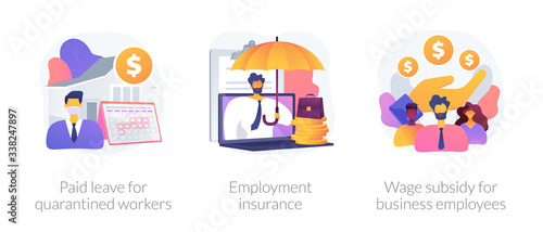 Governmental support for quarantined worker abstract concept vector illustration set. Paid leave, employment insurance, wage subsidy for business employee, sickness benefits support abstract metaphor.