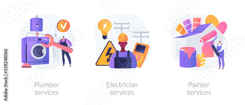 Home maintenance and improvement metaphors. Plumbing services, electrician, apartment painting. Plumbers, electricity engineer, painter workers. Vector isolated concept metaphor illustrations.
