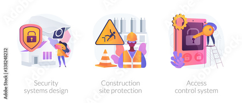 Construction security services abstract concept vector illustration set. Security systems design, construction site protection, authorized access control system, video surveillance abstract metaphor.