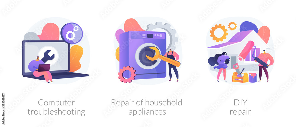 Repair and maintenance services abstract concept vector illustration set. Computer troubleshooting, DIY repair of household appliances, warranty, video tutorial, problem fix abstract metaphor.