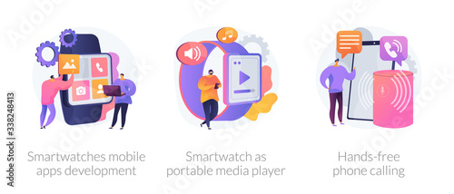 Wearable devices abstract concept vector illustration set. Smartwatches mobile apps development, smartwatch as portable media player, hands-free phone calling, voice command calls abstract metaphor.