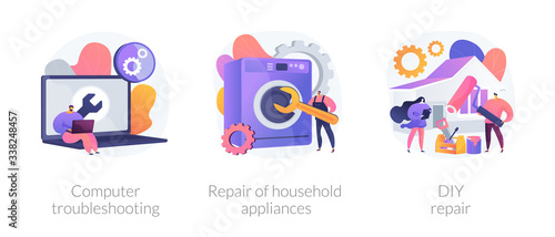 Repair and maintenance services abstract concept vector illustration set. Computer troubleshooting, DIY repair of household appliances, warranty, video tutorial, problem fix abstract metaphor.