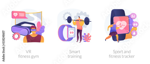 Smart personal training technologies abstract concept vector illustration set. VR fitness gym, smart experience, sport and fitness tracker, fit coaching application, health monitor abstract metaphor.