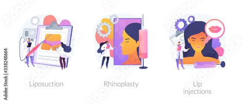 Beauty procedures abstract concept vector illustration set. Liposuction and rhinoplasty, filler lip injection, plastic surgery and body contouring, improve aesthetic appearance abstract metaphor.