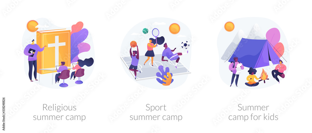 Recreational and educational activities for children metaphors. Religious camp, sport classes, summer camping. Hiking adventure for kids. Vector isolated concept metaphor illustrations.