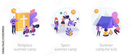 Recreational and educational activities for children metaphors. Religious camp, sport classes, summer camping. Hiking adventure for kids. Vector isolated concept metaphor illustrations.