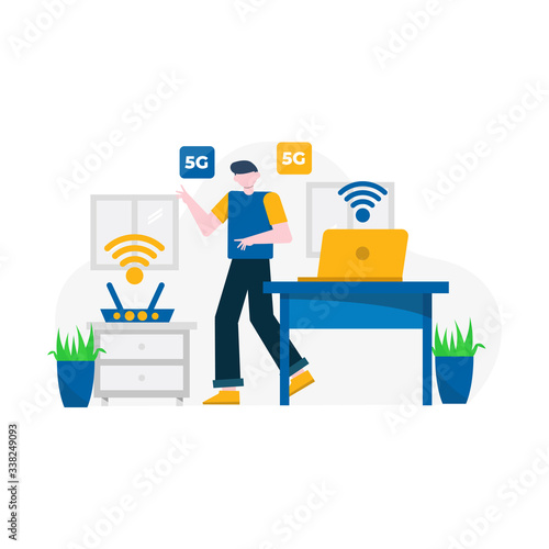 people enjoy 5g services for communication with cellphones and computers vector illustration, suitable for landing page, ui, website, mobile app, editorial, poster, flyer, article, and banner