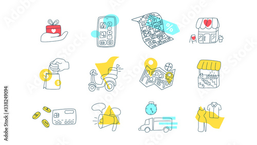 beautiful hand draw doodle line art icon set of online shopping and delivery theme contrast with geometric shape colors. isolated on white background