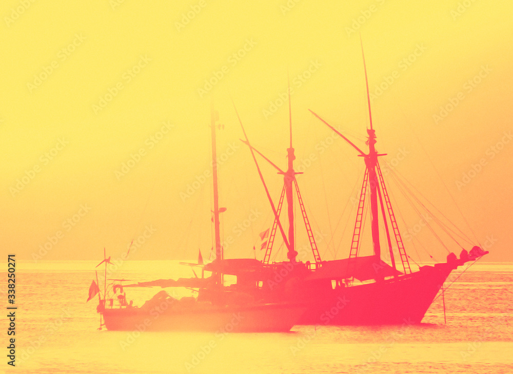 golden   sunset  at the sea and  big boat