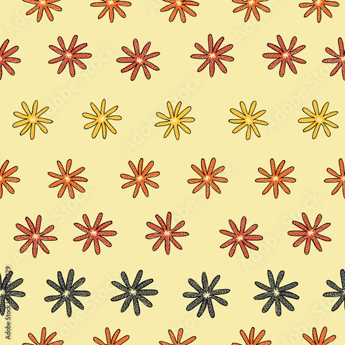 Blooming flowers striped on yellow lt background Seamless doodle floral pattern. surface design
