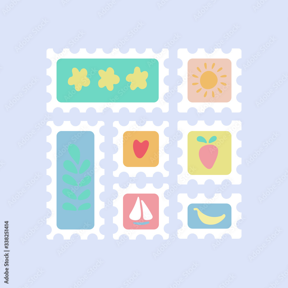 Set of postage stamps for envelopes, letters and postcards, abstract themed  with flowers, sun, berry, sailboat, heart and banana. Square and  rectangular. Cute flat cartoon vector illustration. Stock Vector