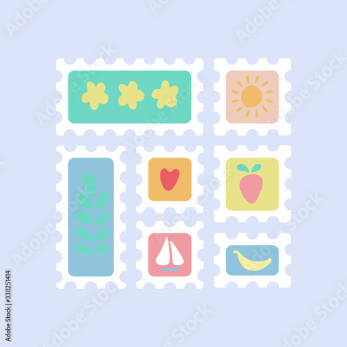 Set of postage stamps for envelopes, letters and postcards, abstract themed with flowers, sun, berry, sailboat, heart and banana. Square and rectangular. Cute flat cartoon vector illustration.