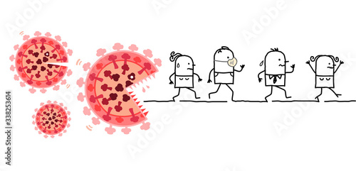 Cartoon people scared and running away from big virus monster