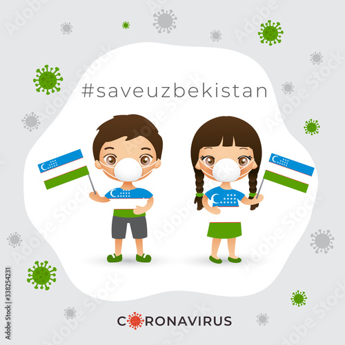 Set of boy and girl wearing surgical mask preventing coronavirus with national flag : Vector Illustration