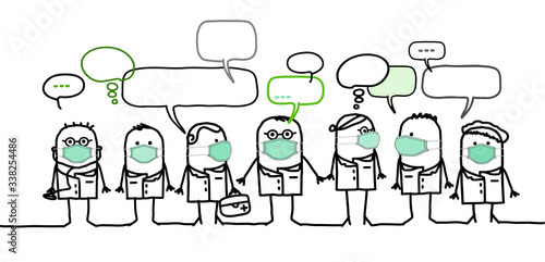 Cartoon medical people with protection masks and social network
