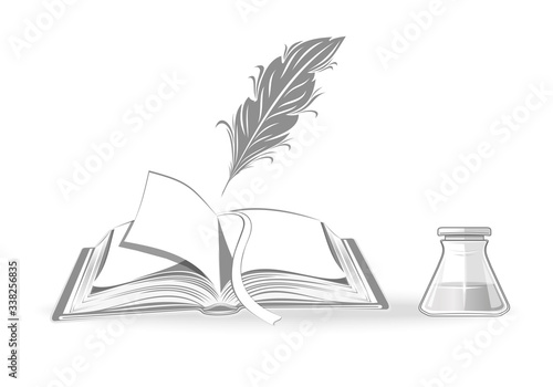 Open notebook, quill and inkwell. Set of black and white monochrome icons. Poetry and literature. Vintage concept design. Vector illustration