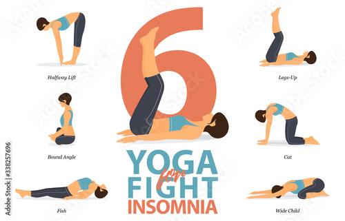 Infographic of 6 Yoga poses for Easy yoga at home in concept of fight for insomnia in flat design. Beauty woman is doing exercise for body stretching. Set of yoga at home infographic . Yoga Vector.