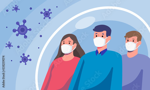 Group of diverse people wearing masks protection from disease and virus, healthcare and hygiene concept, vector illustration flat design.