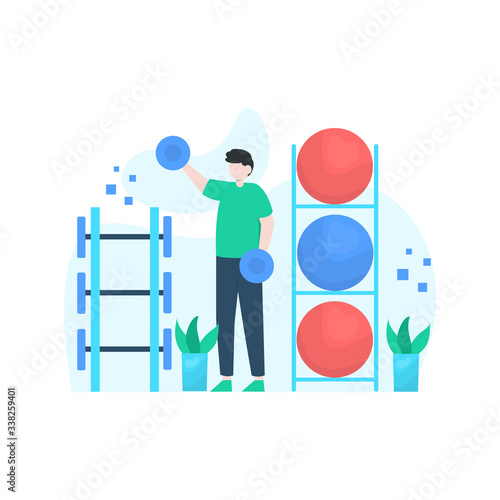 people are exercising in the gym using dumbbells, barbells and treadmills vector illustration, suitable for landing page, ui, website, mobile app, editorial, poster, flyer, article, and banner