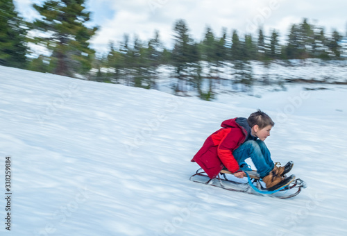 Εκτύπωση καμβά Boy Sledding Downhill Fast near Mammoth Lakes, California.