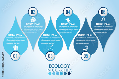 Infographic eco water blue design elements process 6 steps or options parts with drop of water. Ecology organic nature vector business template for presentation.