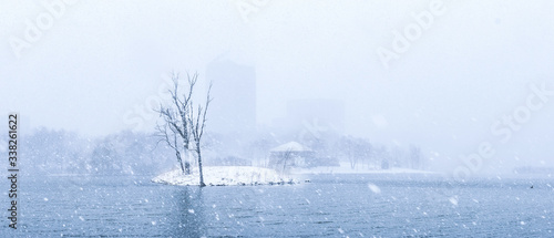 Snow covered forests and lakes in winter	 photo