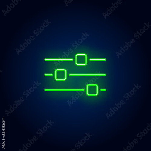 Mixing console neon sign. Luminous signboard with faders on DJ mixer. Night bright advertisement. Vector illustration in neon style for production, technology, software