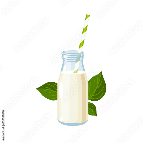 Dairy-free vegan milk bottle with straw. Vector illustration cartoon flat icon isolated on white.