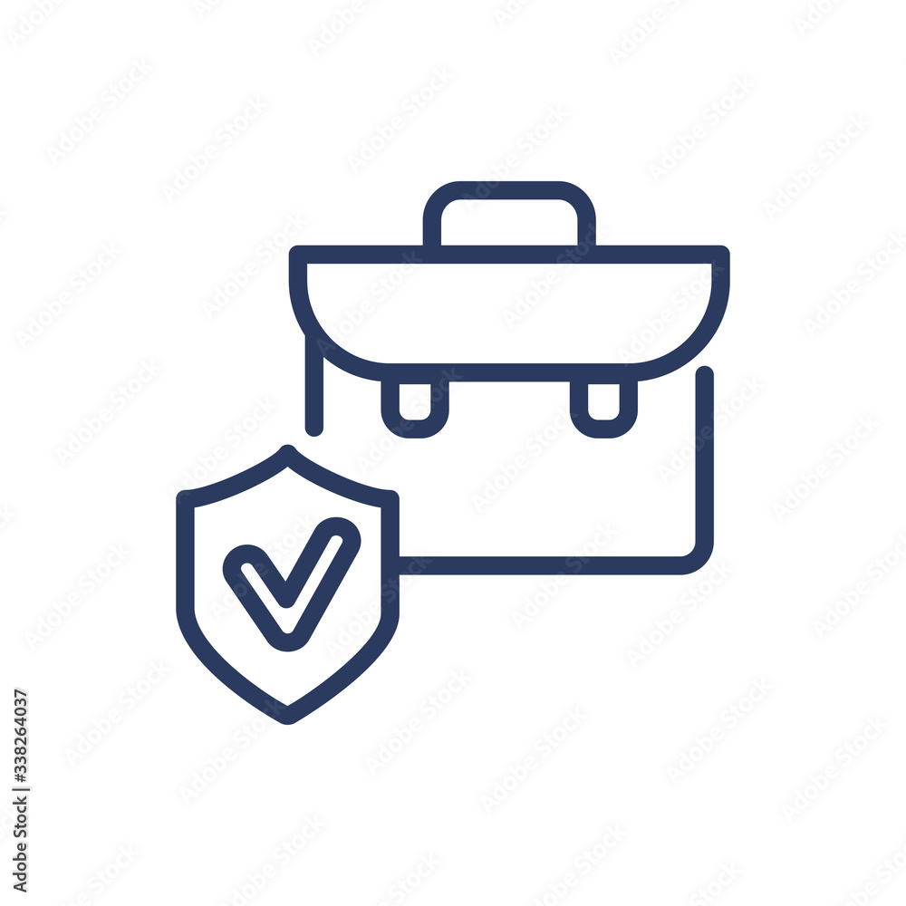 Corporate suitcase thin line icon. Business and insurance concept. Shield with checkmark in front of bag isolated outline sign. Vector illustration symbol element for web design and apps Corporate suitcase thin line icon. Business and insurance concept. Shield with checkmark in front of bag isolated outline sign. Vector illustration symbol element for web design and apps