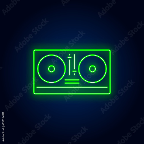 DJ mixer neon sign. Luminous signboard with turntable. Night bright advertisement. Vector illustration in neon style for party, entertainment, music