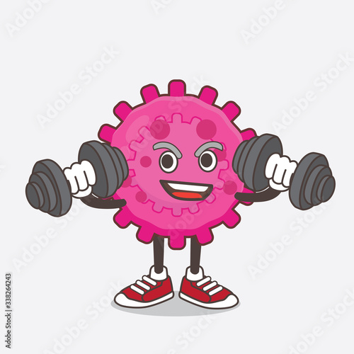 Pink Virus cartoon mascot character on fitness exercise trying barbells