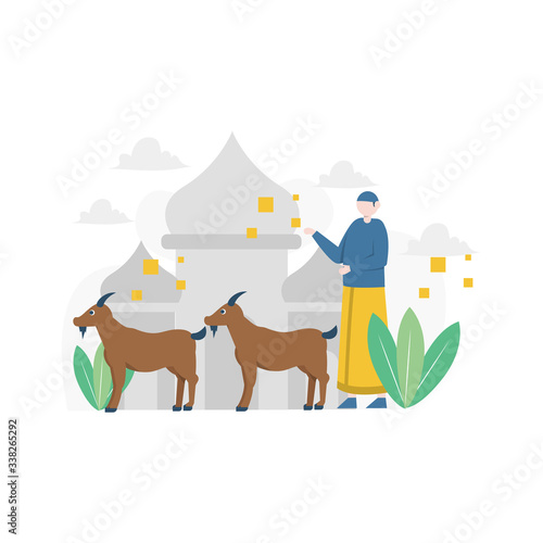 Eid al-Adha Qurban celebration, celebrated all Muslims by slaughtering livestock vector illustration, suitable for landing page, ui, website, mobile app, editorial, poster, flyer, article, and banner