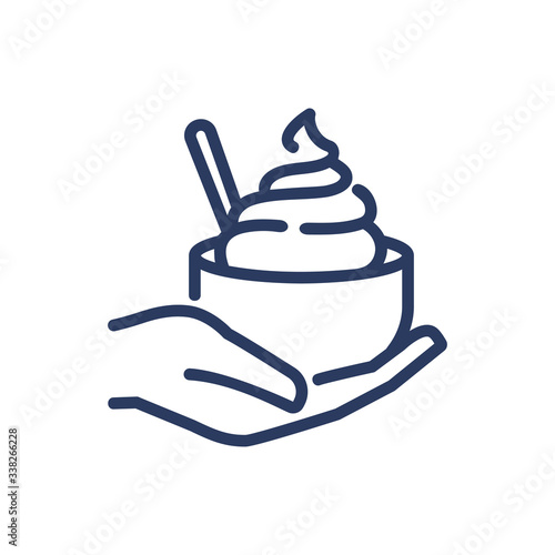 Ice cream bowl in human hand thin line icon. Spoon, summer sweet snack, customer isolated outline sign. Food and dessert concept. Vector illustration symbol element for web design and apps