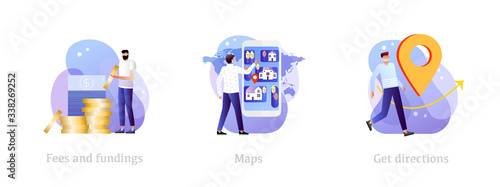 Fees and funding, maps, get directions metaphor illustrations set