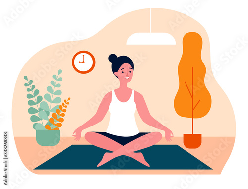 Woman doing morning yoga at home flat vector illustration. Female character sitting in calm posture. Wellness, healthcare and lifestyle concept