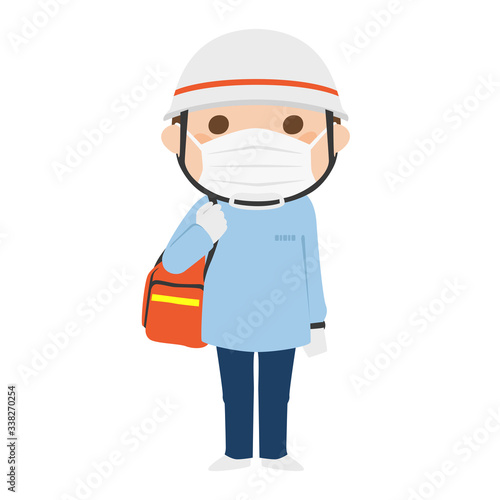 医療マスクをしてる男性の救急救命士のイラスト。
