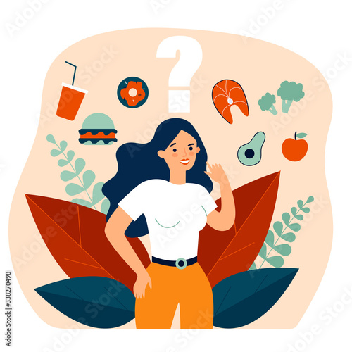 Cheerful woman thinking over her snack and choosing between junk and healthy food. Vector illustration for health, choice, diet, healthy vs unhealthy concept