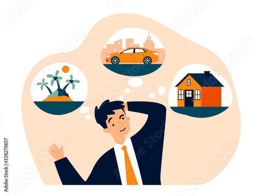 Young man thinking about new house, car and trip flat vector illustration. Businessman dreaming for material benefits. Wealth, business and abundance concept.